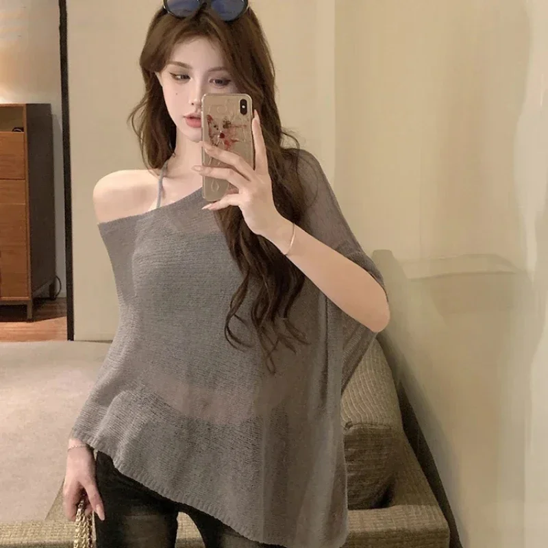 

Модный нерегулярный женский вязаный пуловер Y2K, летний милый ленивый стиль, свободный топ без рукавов, тонкие праздничные футболки с защитой от солнца в стиле Харадзюку