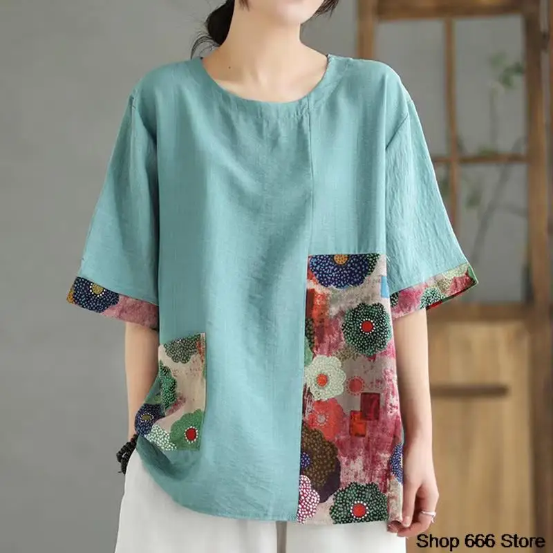 Wide T-shirt Cotton Hemp Chinoiserie Traditional  Print Women Top Summer Vintage Relaxed Tea Dress Oriental Clothing Weight 90KG