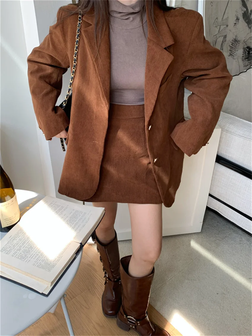 PLAMTEE Stylish Autumn Corduroy Women Two Pieces Suits Elegant Office Lady Chic Casual Blazers Minimalist Mini Skirts Sets