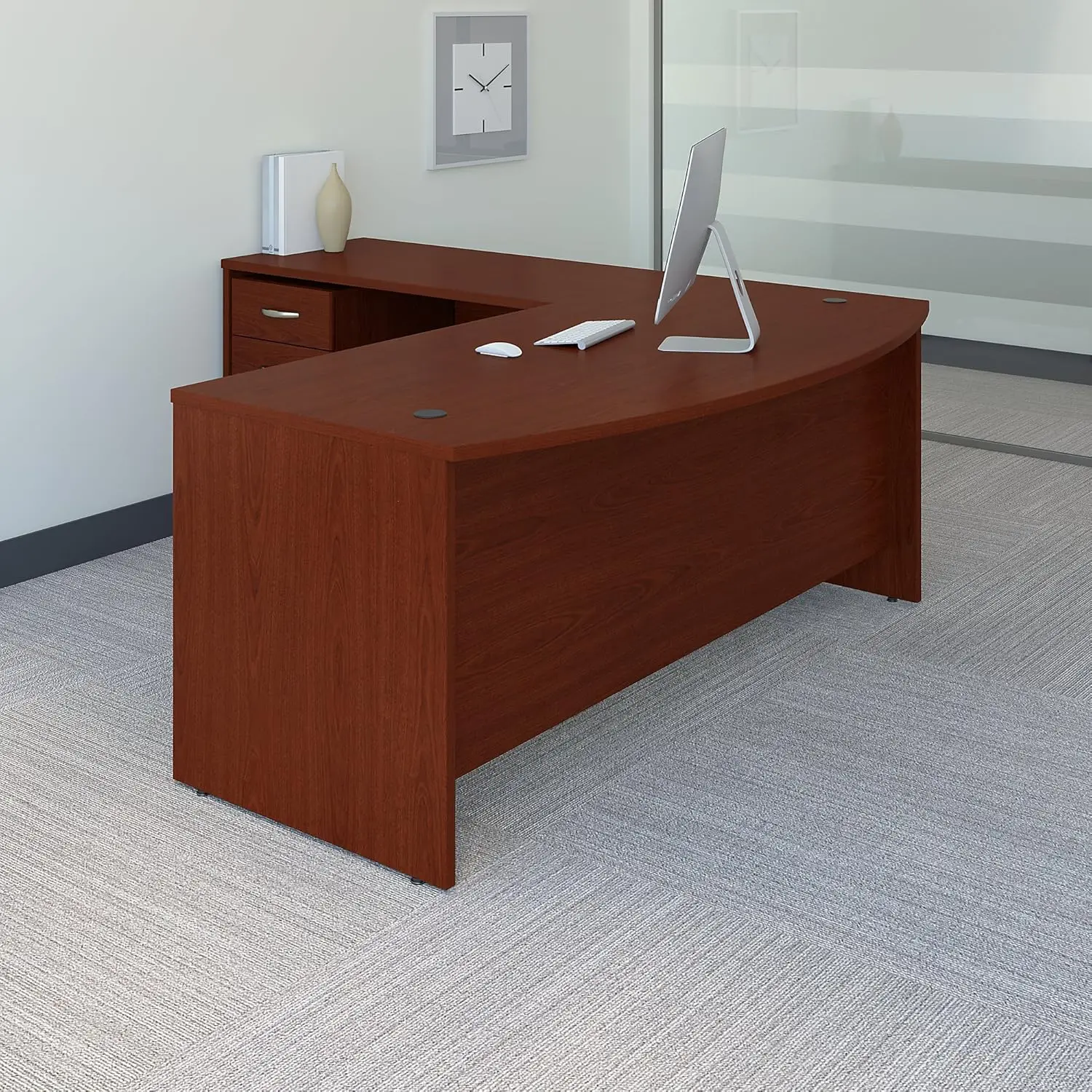 Series C 72W Bow Front L Shaped Desk with 48W Return and Mobile File Cabinet in Mahogany