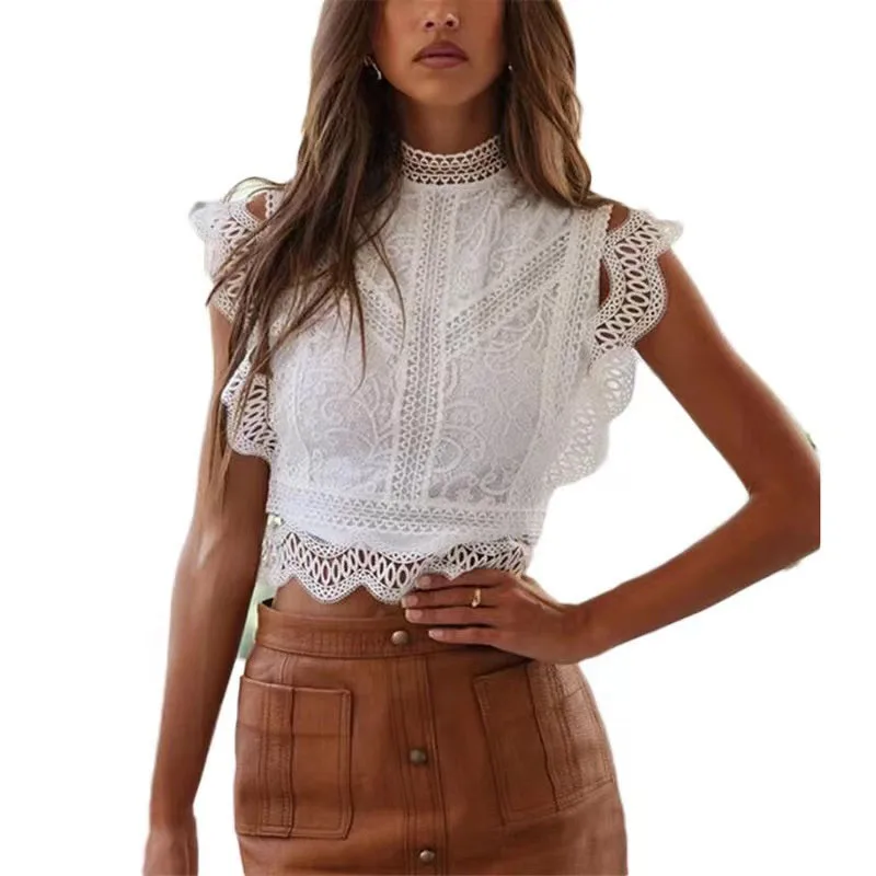 Hollow Lace White Chiffon Shirts Women 2024 Summer Casual Zipper Flying Sleeve Blouses Elegant Fashion Sexy Crop Tops