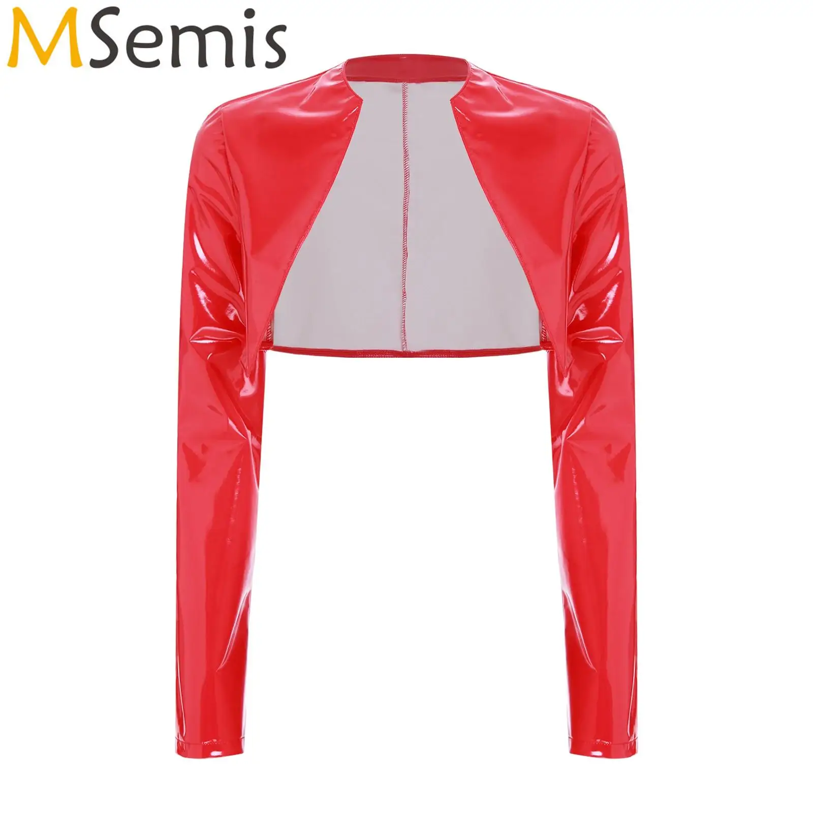 

Womens Long Sleeve Crop Tops short Jackets Glossy PU Cardigan Open Front Unlined Motor Biker Cropped Jackets for Pole Dancing