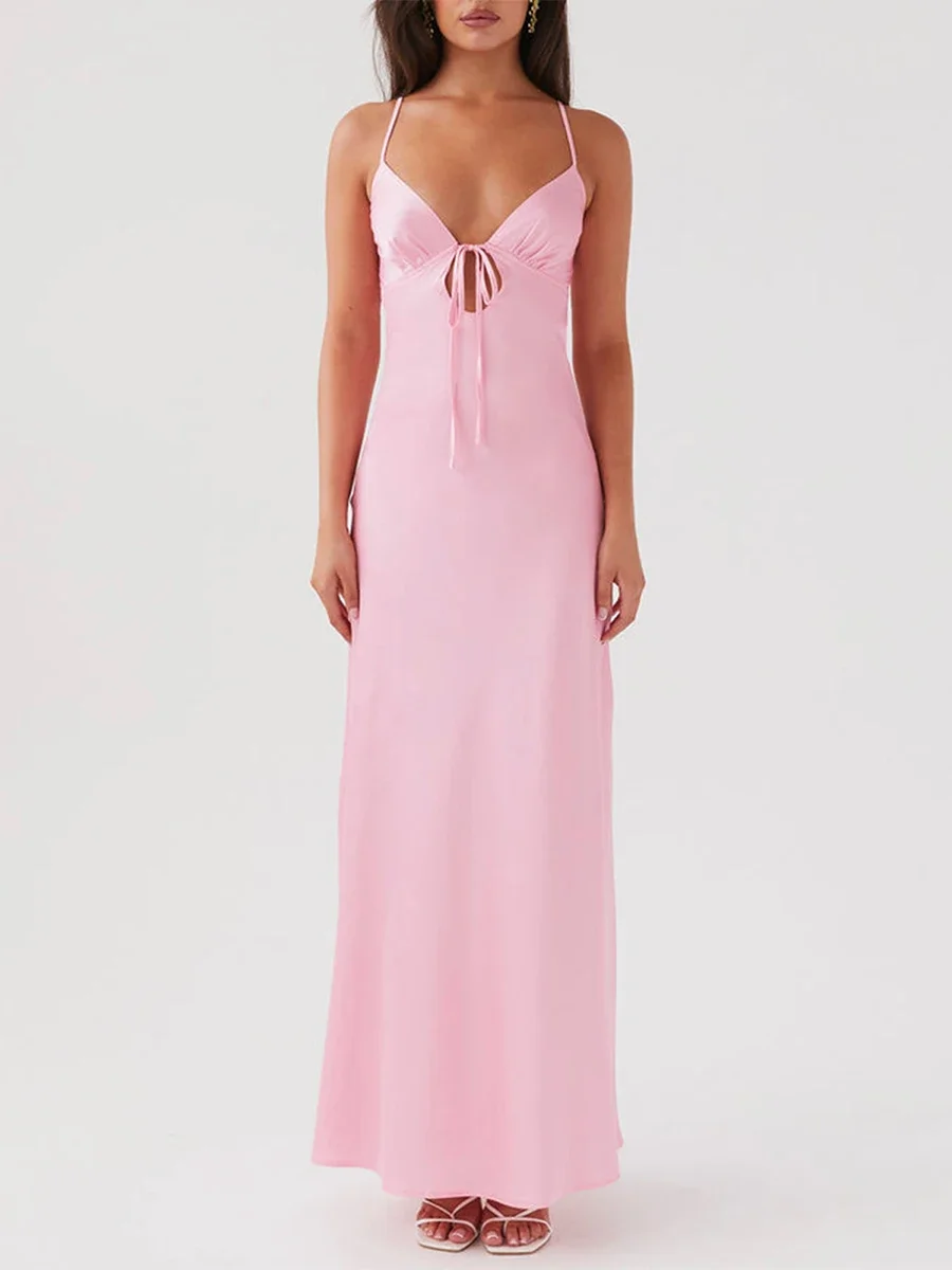 Women's Long Dress Summer Backless Cami Dress Casual Solid Color Sleeveless Tie-Up Front Slim Dress Going Out Maxi Dress