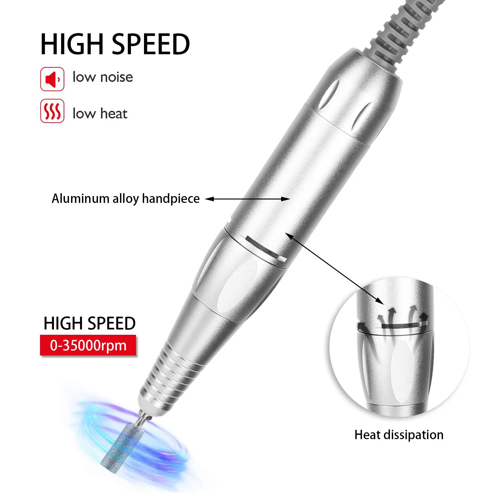 Perceuse à ongles électrique, poignée de perceuse à ongles, pièce à main, outil de manucure et de pédicure, équipement et accessoire d'art des ongles, 35000 tr/min