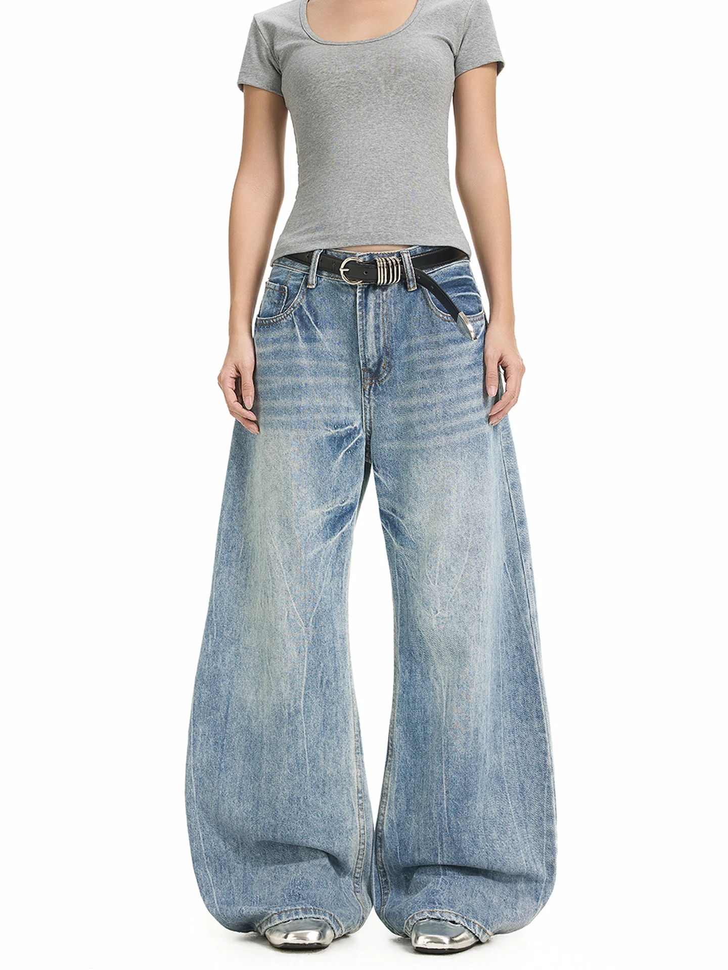 

FreeMary Heavyweight Waed Vintage Blue Fce-Lined Slim Fit Knife Jeans Street Sle Loose Wide Leg Pants