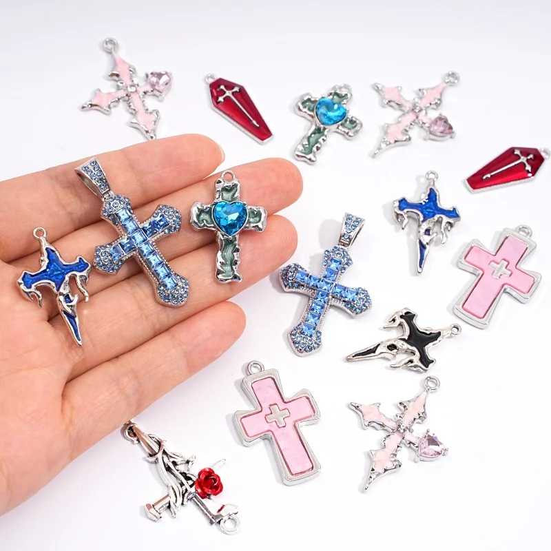 1Pc Mixed Gothic Bulk Water Diamond Imitation Enamel Coffin Wings Rose Cross Metal Pendant DIY Jewelry Making Accessories