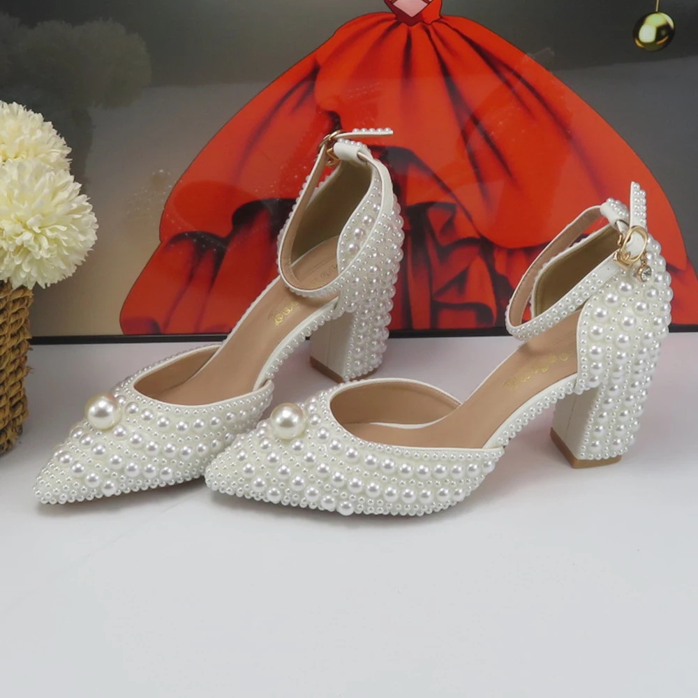 2024 New Arrival White high Pumps Female Bridal shoes bag set woman Pearl fashion party Shoes thick Heel shoes with handmade