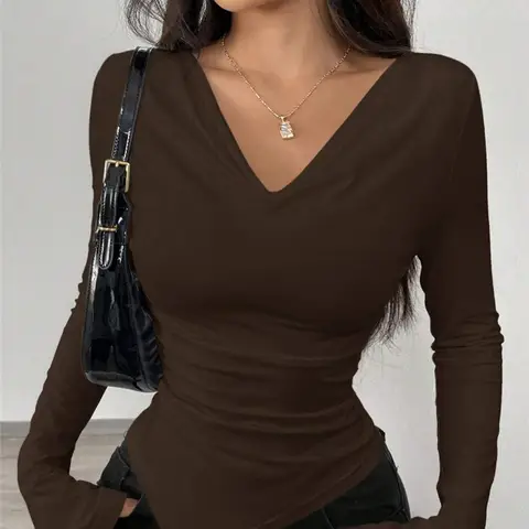 2025 Spring Summer New Women's V Neck Off Shoulder Long Sleeve Design T Shirt Slim Fit With Ruffled Irregular Long Sleeves Top