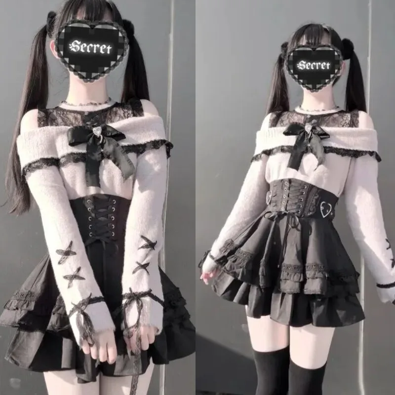 

Jirai kei Sweater Skirt JK Full Set Lolita Y2K Japanese Sweet Style School Uniform Winter Top Dress for Women Girls Party