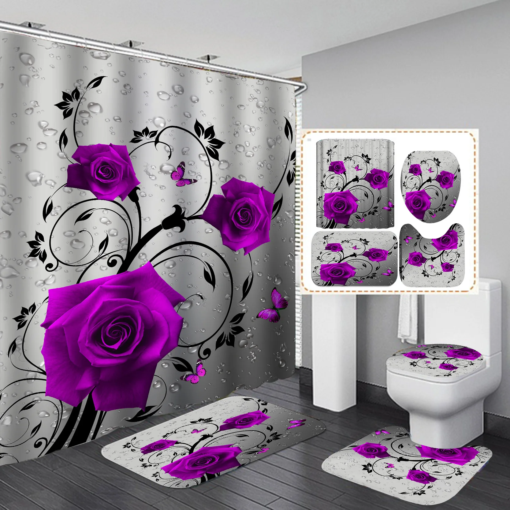 Romantic Rose Shower Curtain Polyester Waterproof Fashion Flowers Floor Mat Toilet Set Bath Accessories Mildew Proof