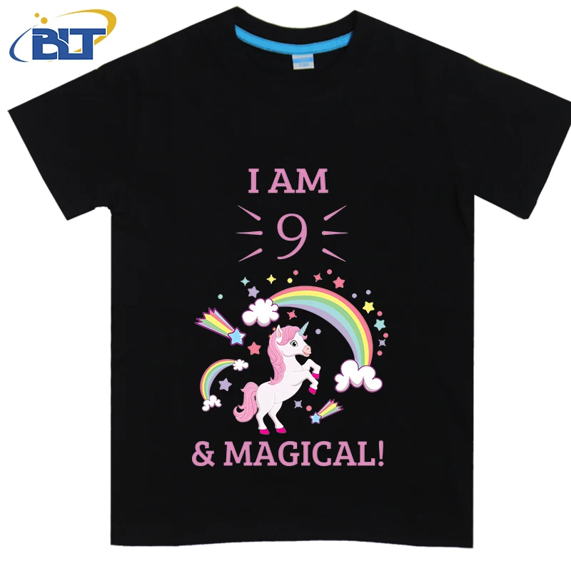 9th Birthday Rainbow Unicorn printed kids T-shirt, summer cotton short-sleeved casual top, suitable for both boys and girls