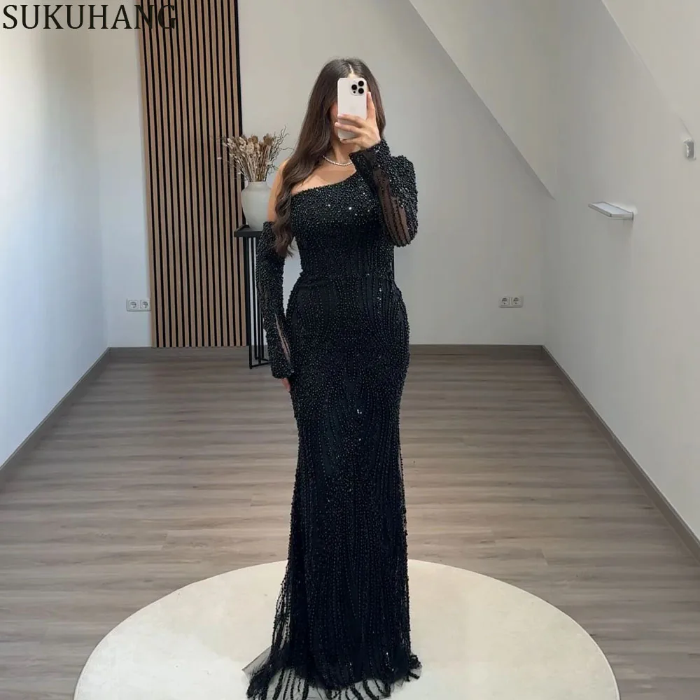 

SUKUHANG New Black Beaded Mermaid Evening Dresses Floor Length Long Party Gowns Dubai Customized