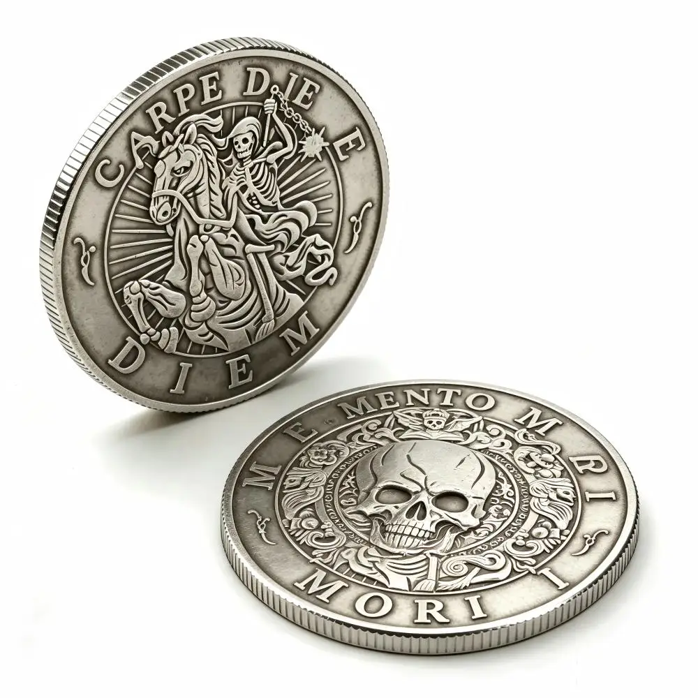 Medalla de calavera de doble cara estilo vintage Memento Mori, de plata y latón, insignia gótica coleccionable, decoración para hobby, regalo de recuerdo, artesanía ornamentada