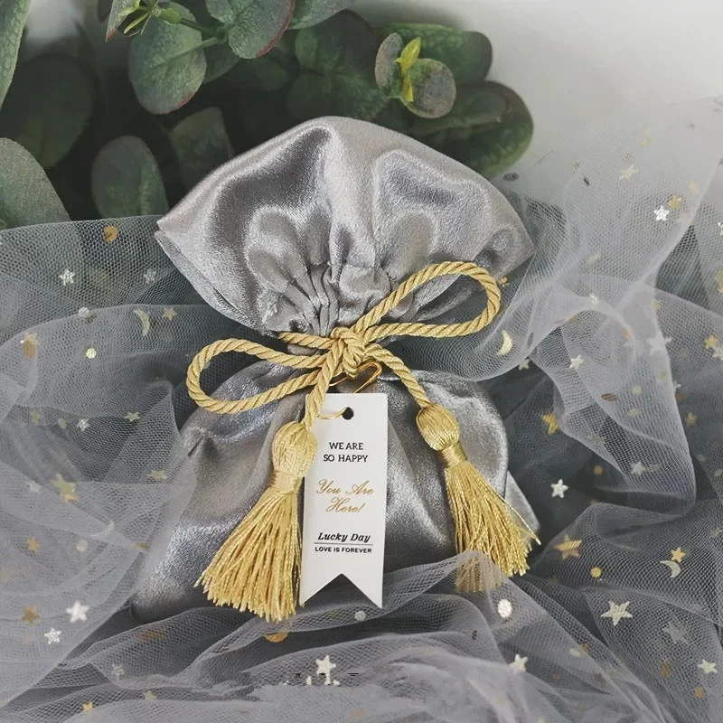 10pcs/lot Space silver wedding candy bag silk satin golden tassel High texture for Wedding, birthday party free shipping