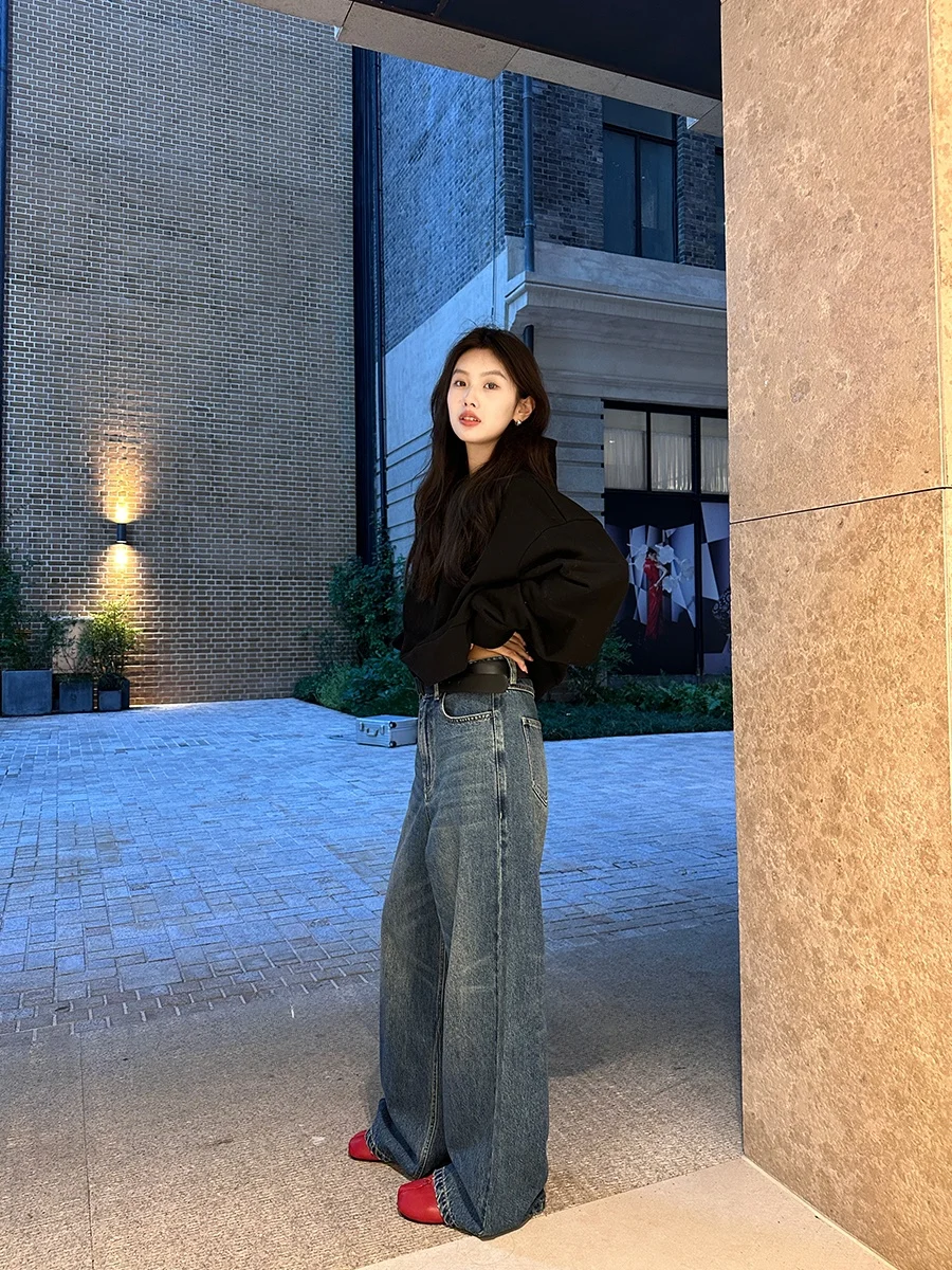 

Джинсы с высокой талией, прямые, широкие, в стиле ретро 90-х, из хлопкового стрейч-денима, универсальные длинные брюки для женщин