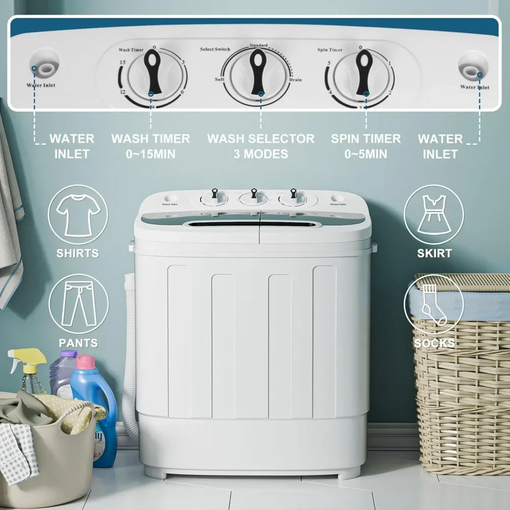 Washing Machine, Twin Tub 13lbs Washer Wash And Spin Cycle Combo, Built-in Gravity Drain, Portable Laundry Washer