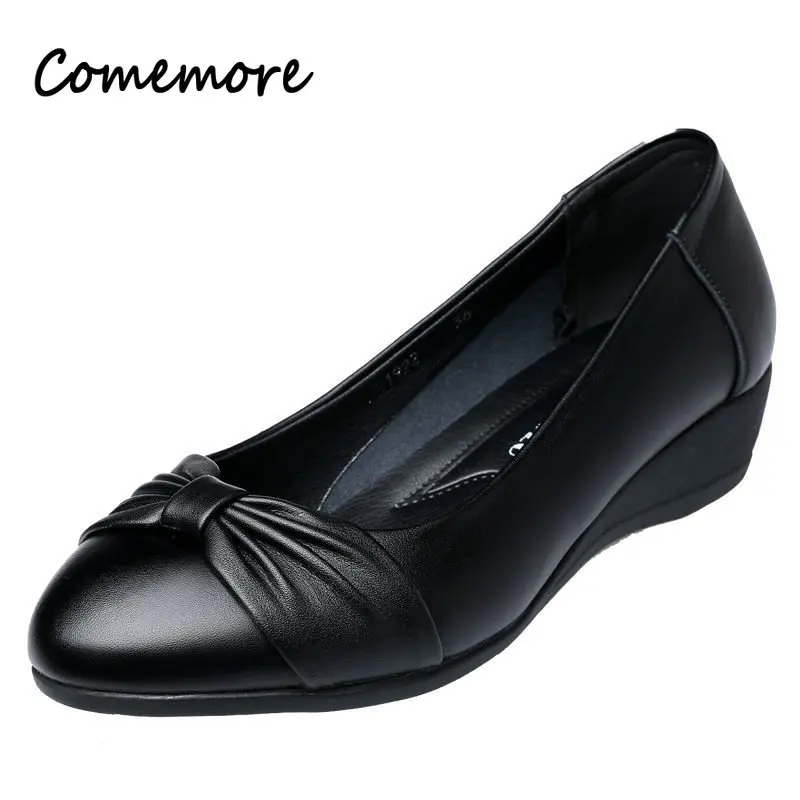 Comemore Office Shoes Women Wedge Heels Leather Black Ladies Shoe Fashion Elegant Slip on Women\'s Loafers Elderly Zapatos Mujer