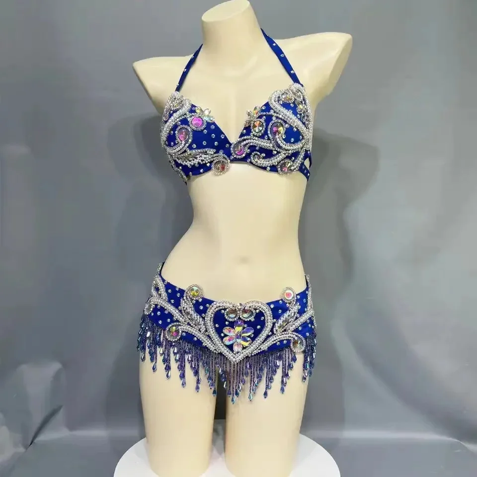 Belly Dance Costumes for Women Samba Carnival Festival Clothing Bra Top Waist Belt Adult Performance Clothes Luxury Silver Blue