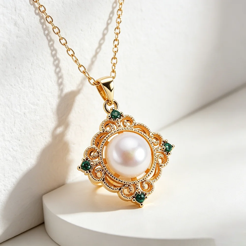 VOBIPY 8 mm Perlen-Zirkonia-Schmuckset für Frauen, natürliche Süßwasserperlen-Halskette, Ohrringe, Ring-Sets, Hochzeit, Party, modisches Geschenk – Detail 4