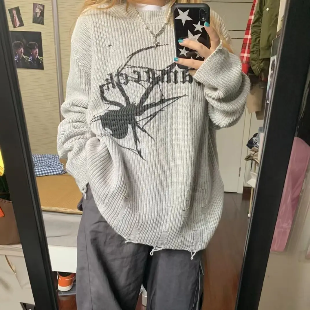 Vintage Tops Grunge Y2k Spider Print Harajuku Thin Sweater Women Gothic Ripped Jumper Streetwear Korean Oversize Hiphop Pullover