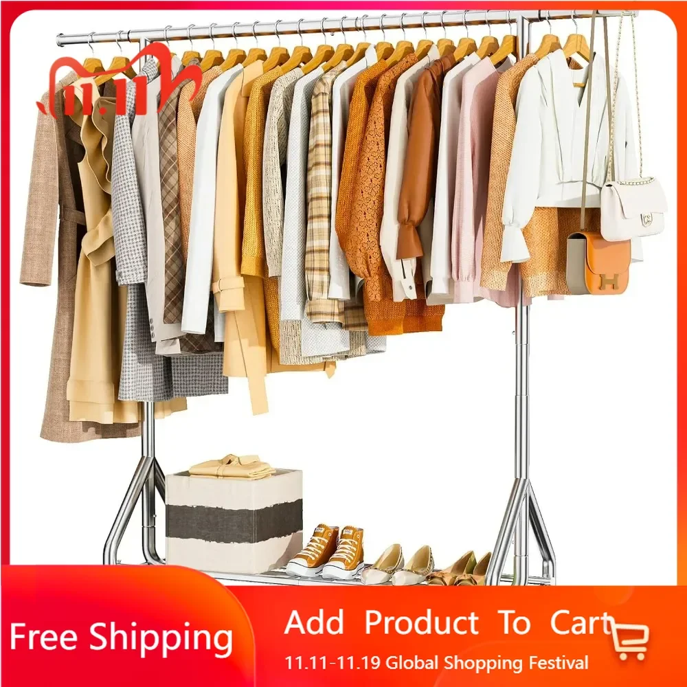 

Metal hanger, standing rolling hanger for hanging clothes, with sturdy wheels and shelves, portable closet rack, silver