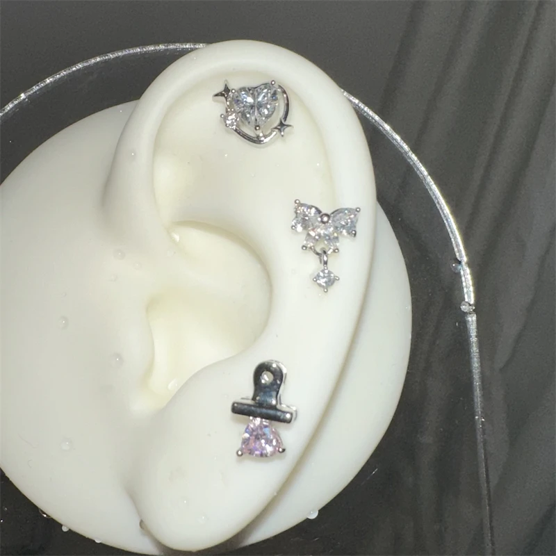 1PCS Silver Color Unicorn Shiny Love Heart Zircon 316L Stainless Steel Ear Bone Nail Fashion Y2K Earring for Women Jewelry Gift