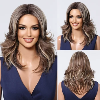 Peruca de cabelo sintético ondulado com laterais para mulheres, fibra resistente ao calor, cabelo natural para meninas, marrom misto, dourado, temperamento, festa diária