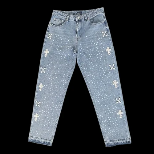 Streetwear New Rhinestone Denim Trousers Men Women Harajuku Hip Hop Cross Graphic Jeans Gothic High Waist Baggy Jeans Y2k Pants