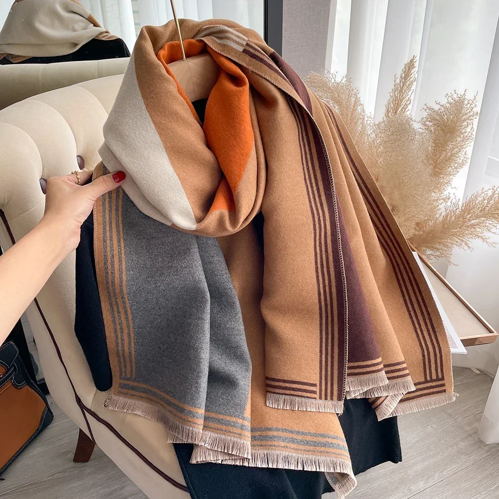 Sciarpa calda in finto Cashmere da esterno invernale da donna a doppia faccia di marca di lusso scialle Designer Pashmina stola Wrap