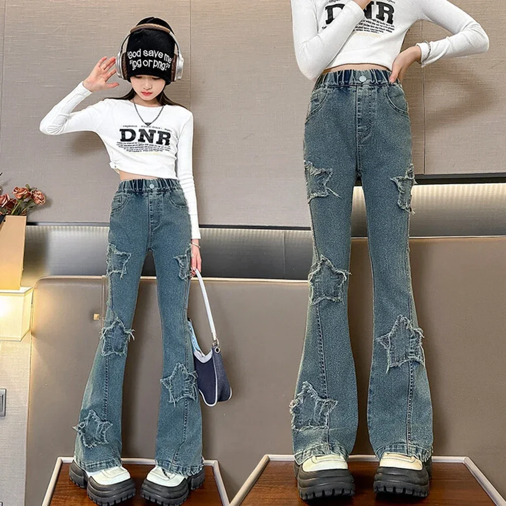 Teenage Girls Jeans Spring Autumn Star Design Flare Pants Children Vintage High Waist splicing Horseshoe Trousers Kids 5- 14Year