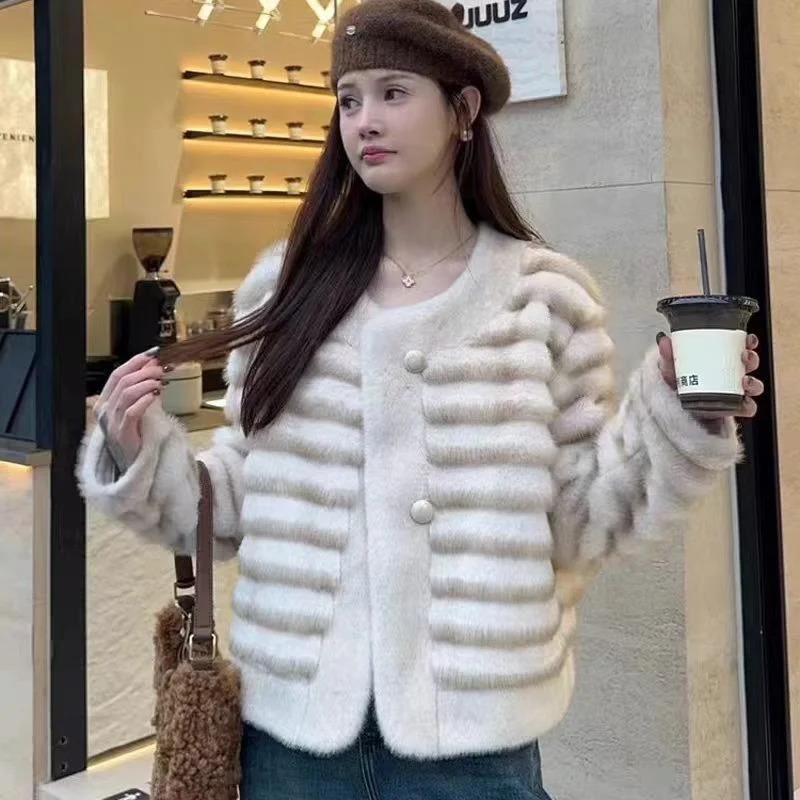 Modny damski gruby ciepły płaszcz ze sztucznego futra, krótki, z okrągłym dekoltem, długi rękaw, odzież wierzchnia damska, eleganckie topy, damskie płaszcze zimowe.