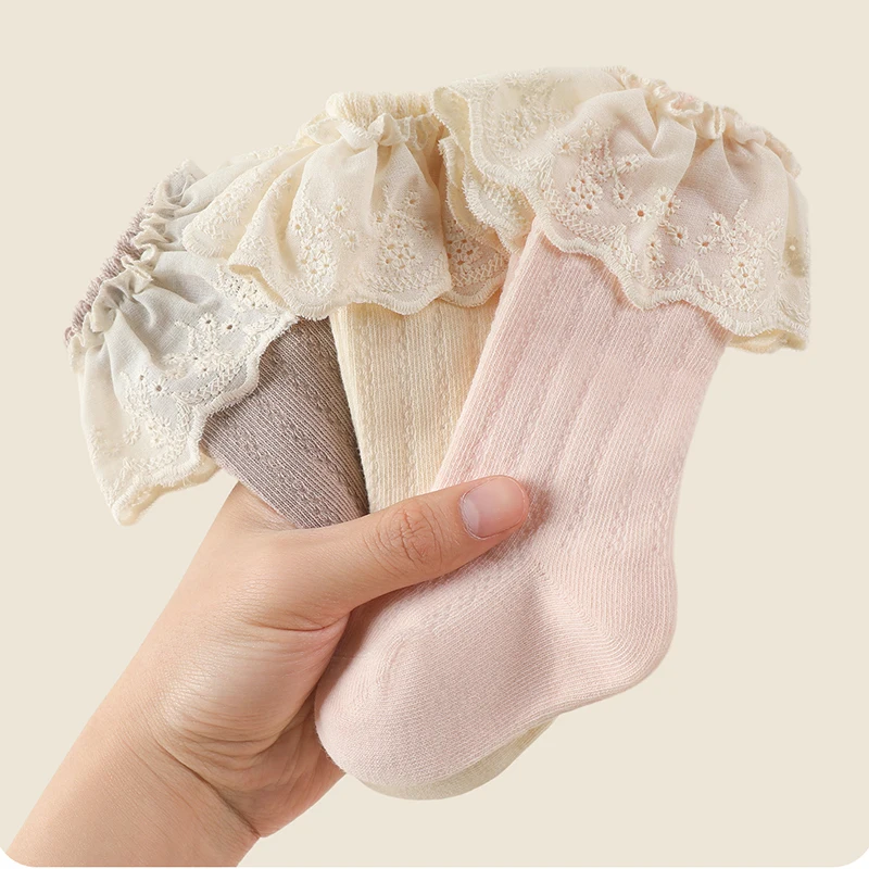 1-5Years Kids Knee High Socks Lace Infant Baby Girls Long Soft Cotton Sock Breathable Children Stockings White