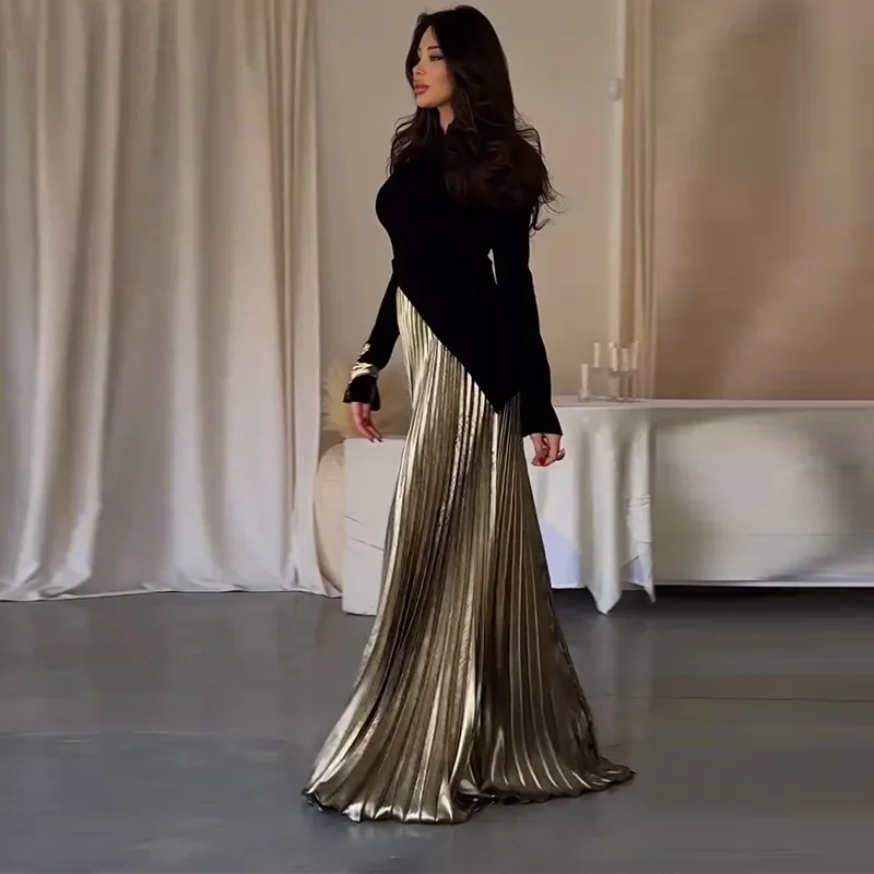 

Slim Long Sleeve Stand Collar T-shirts Ankle Length A-line Pleated Skirts 2025 New Fashion Women's Casual Trendy 2 Piece Sets