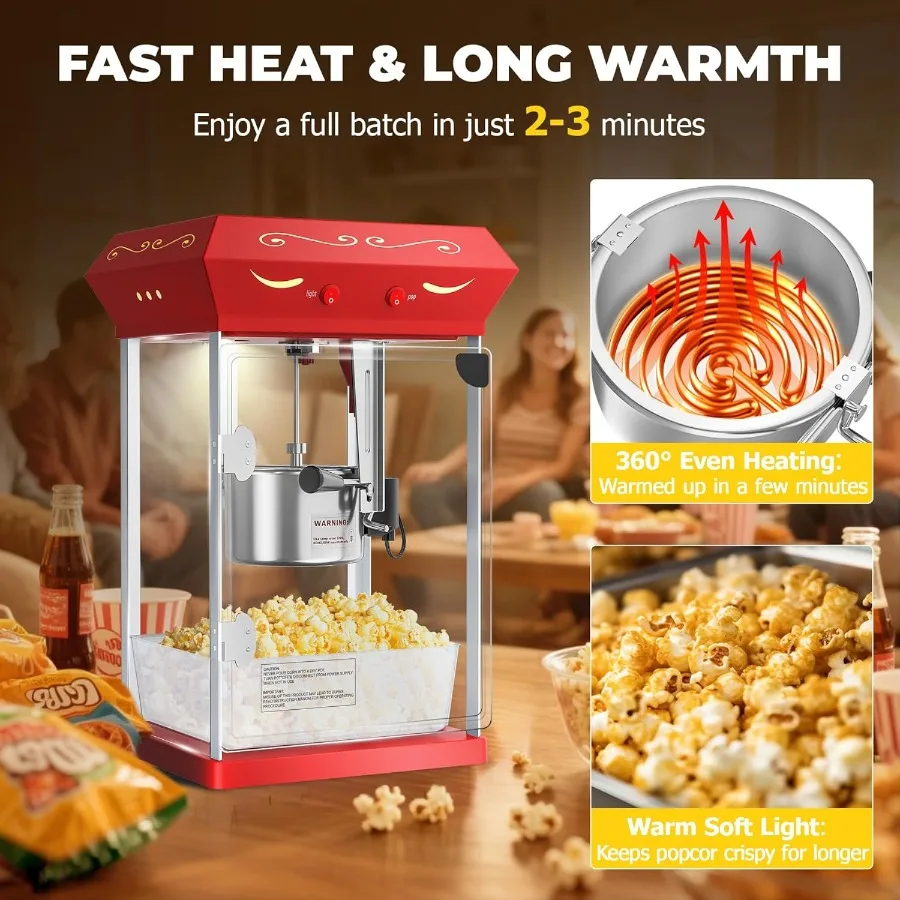 2025 ترقية 8 أوقية آلة صنع الفشار عربة آلة صنع الذرة البوب مع ماكياج ما يصل إلى 32 كوب مسرح السينما آلة الذرة البوب مع Sta