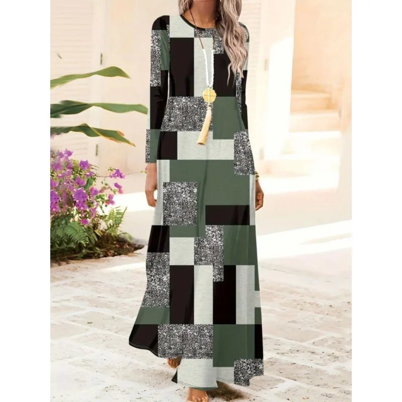 Summer Fashion New Elegant Temperament Casual Women's Plaid Print Long Sleeve Long Dress