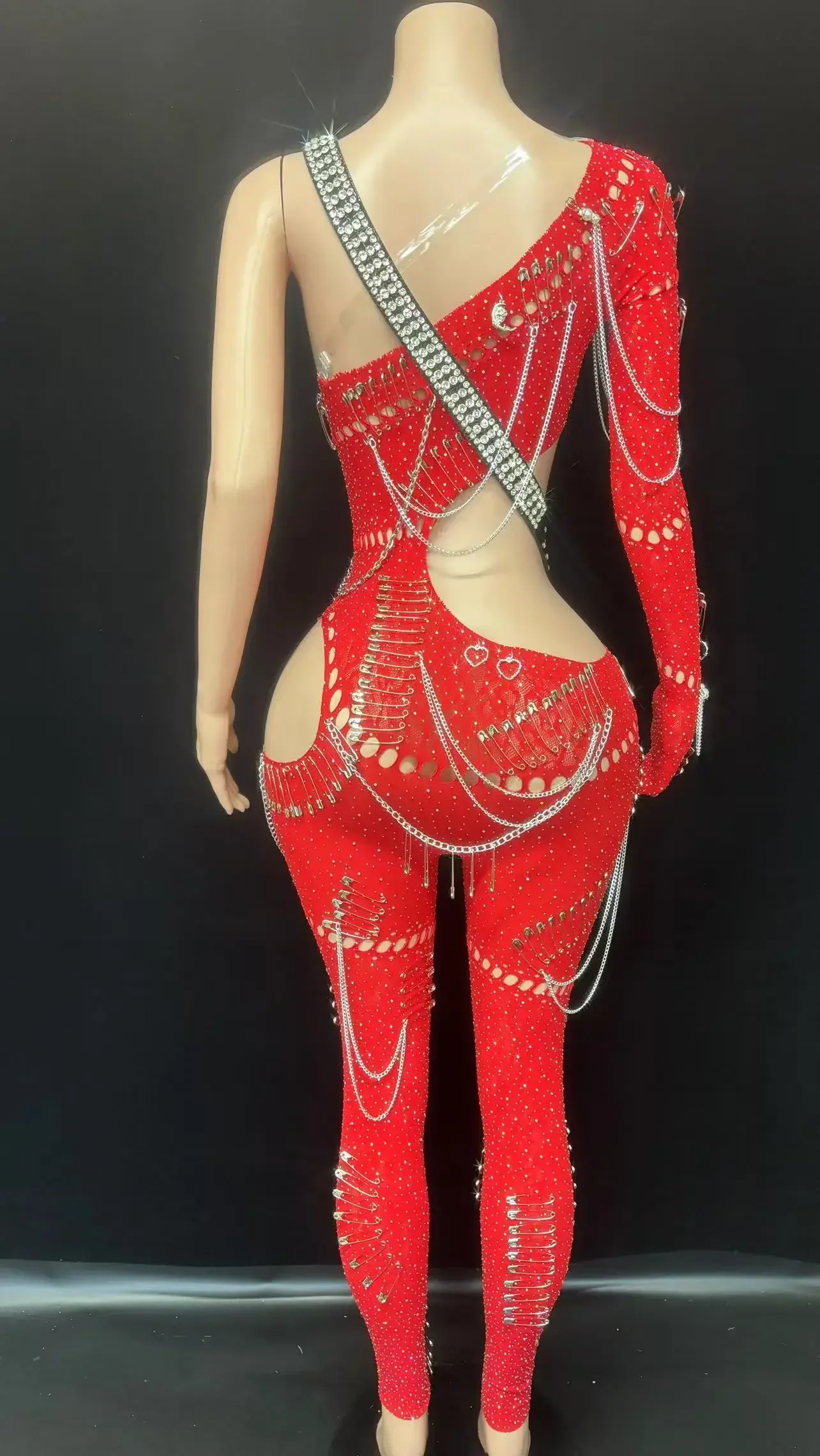 Roupa gogo vermelha boate bar festa palco desempenho macacão feminino corrente de metal brilhante sem mangas corte bodycon traje
