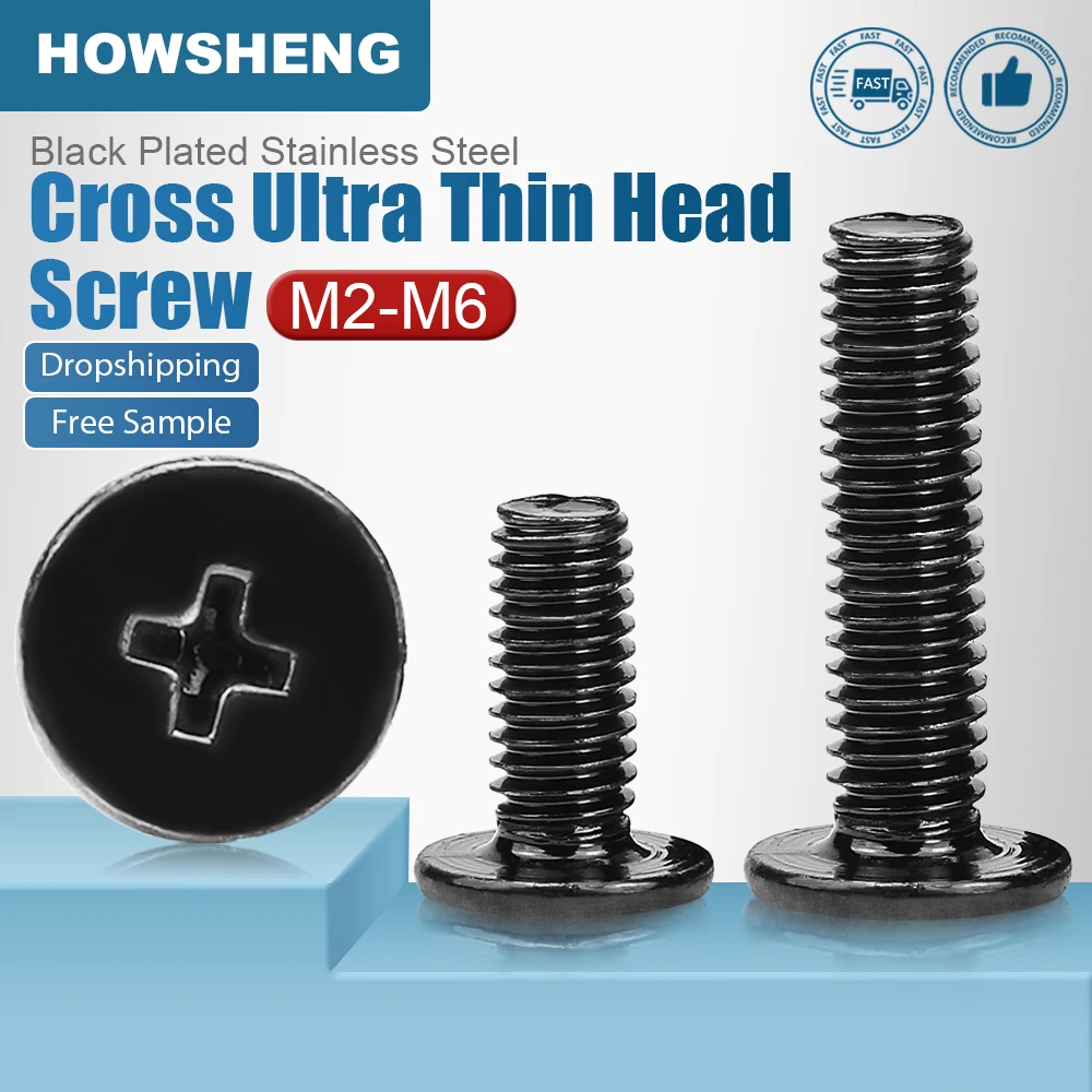 HOWSHENG Cross Ultra Thin Flat Wafer Head Screw M3 M4 M5 M6 Black Stainless Steel Phillips CM Screw for Laptop Computer