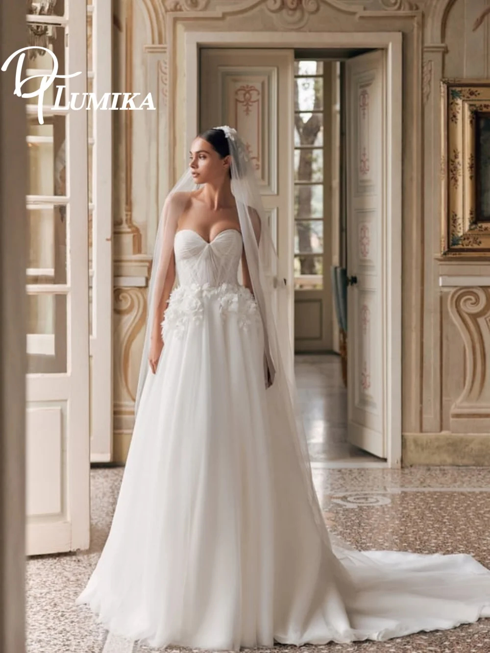 Enchanting Strapless 3D-Flower Wedding Dress 2026 Exquisite Veiled Bridal Gown Graceful A-Line Floor-Length Bridal Dress Robe De