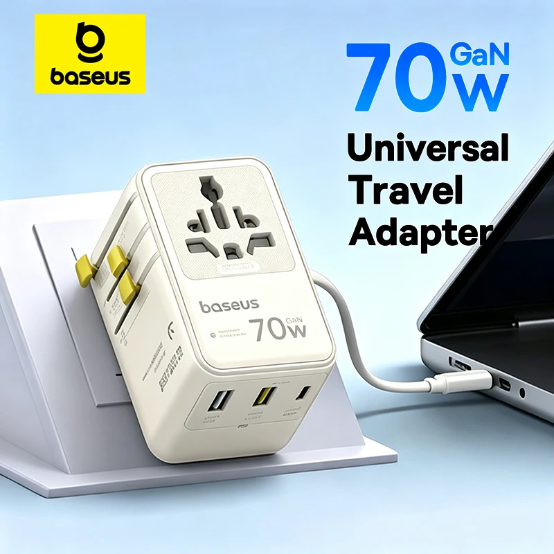 Image of Baseus Universal Reiseadapter 70W GaN 2 AC-Anschlüsse 1 USB 2 Typ-C-Ports Einziehbares Kabel Schnellladegerät EU UK US AUS 6-in-1 Stecker