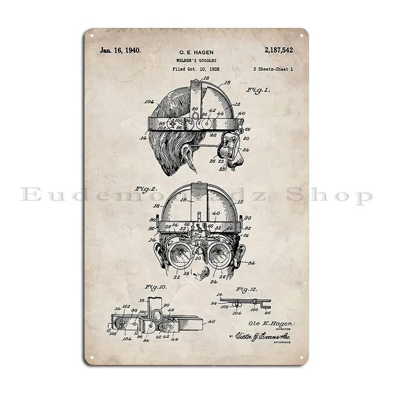 welding goggles patent welder art antique Metal Plaque Poster Pub Garage Wall Cave Character Club Tin Sign Poster