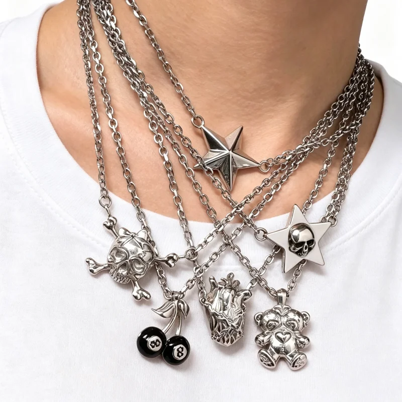 6Pcs Punk Necklace Set Skull Cross 8 Balls Cherry Anatomy Heart Bear Star Pendant Stackable Silver Necklace Women's Jewelry