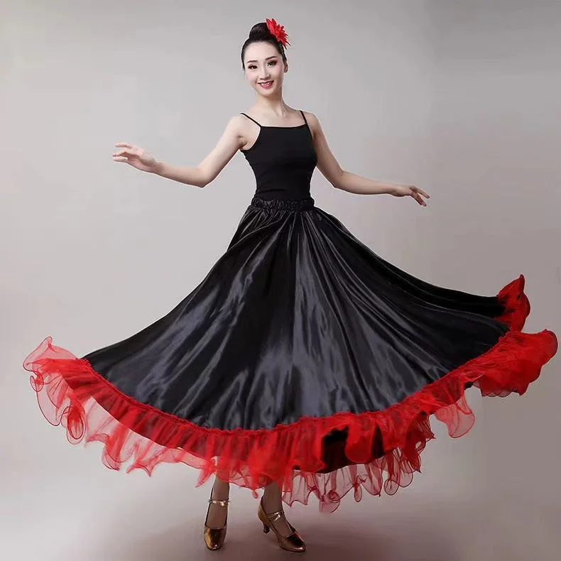 Zigeunerin Spanischer Flamenco-Rock Polyester Satin Glatt Große Schaukel Karneval Party Ballsaal Bauchtanz Kostüme Kleid
