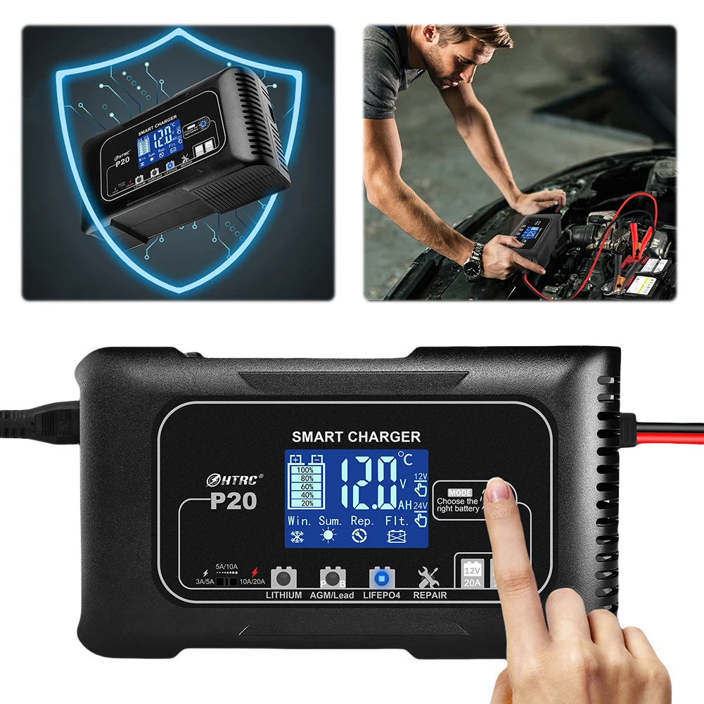 Cargador de batería automático para motocicleta y coche, dispositivo de carga de 7 etapas con pantalla LCD para AGM GEL WET plomo ácido, 12V, 20a, 24V, 10a