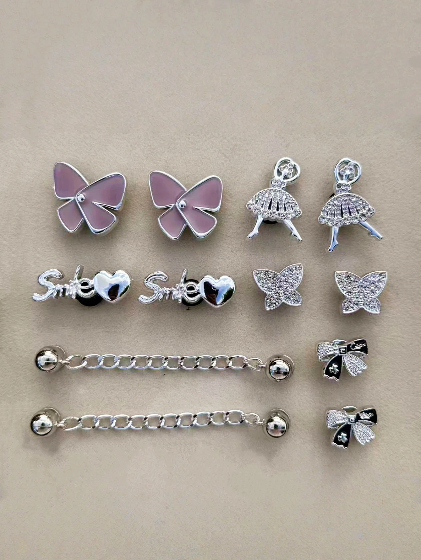 12 فراشة بنفسجية فضية، فتاة راقصة، فراشة صغيرة، مشبك أحذية سلسلة ديكورات ذاتية الصنع، وصلة مشبك أحذية متعددة الوظائف #6