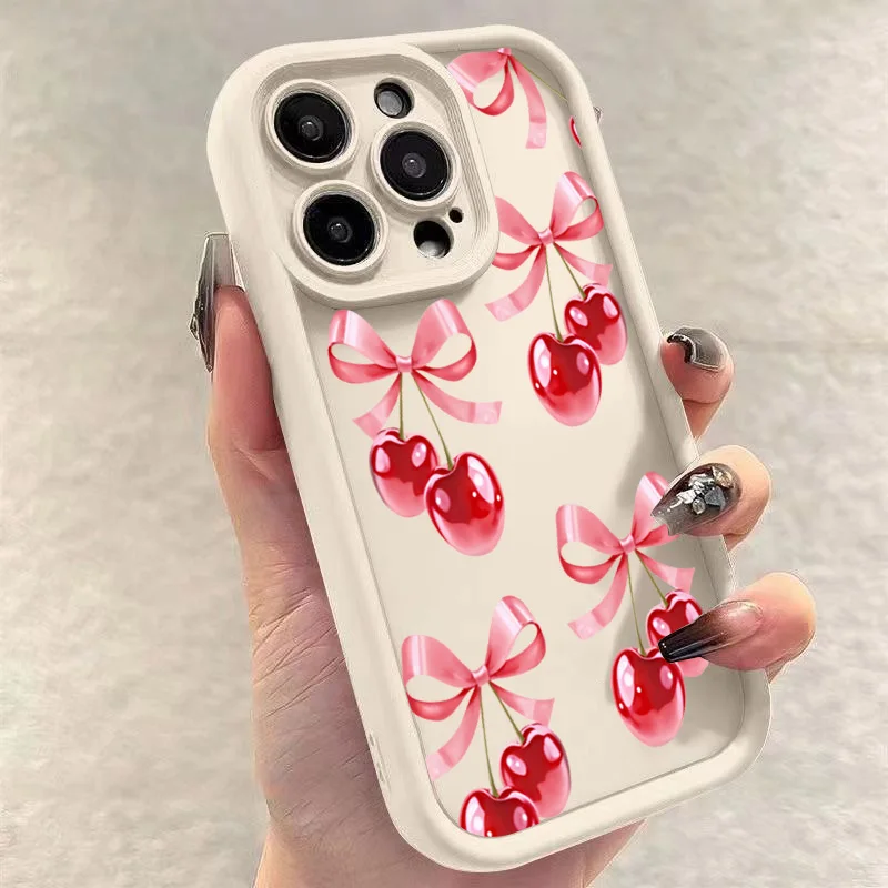 Case For iPhone 17 16 Cases iPhone 15 11 12 13 14 16 Pro Max Air 16E 7 8 Plus SE2 Bow Knot Cherry Blossom Pink Protective Cover