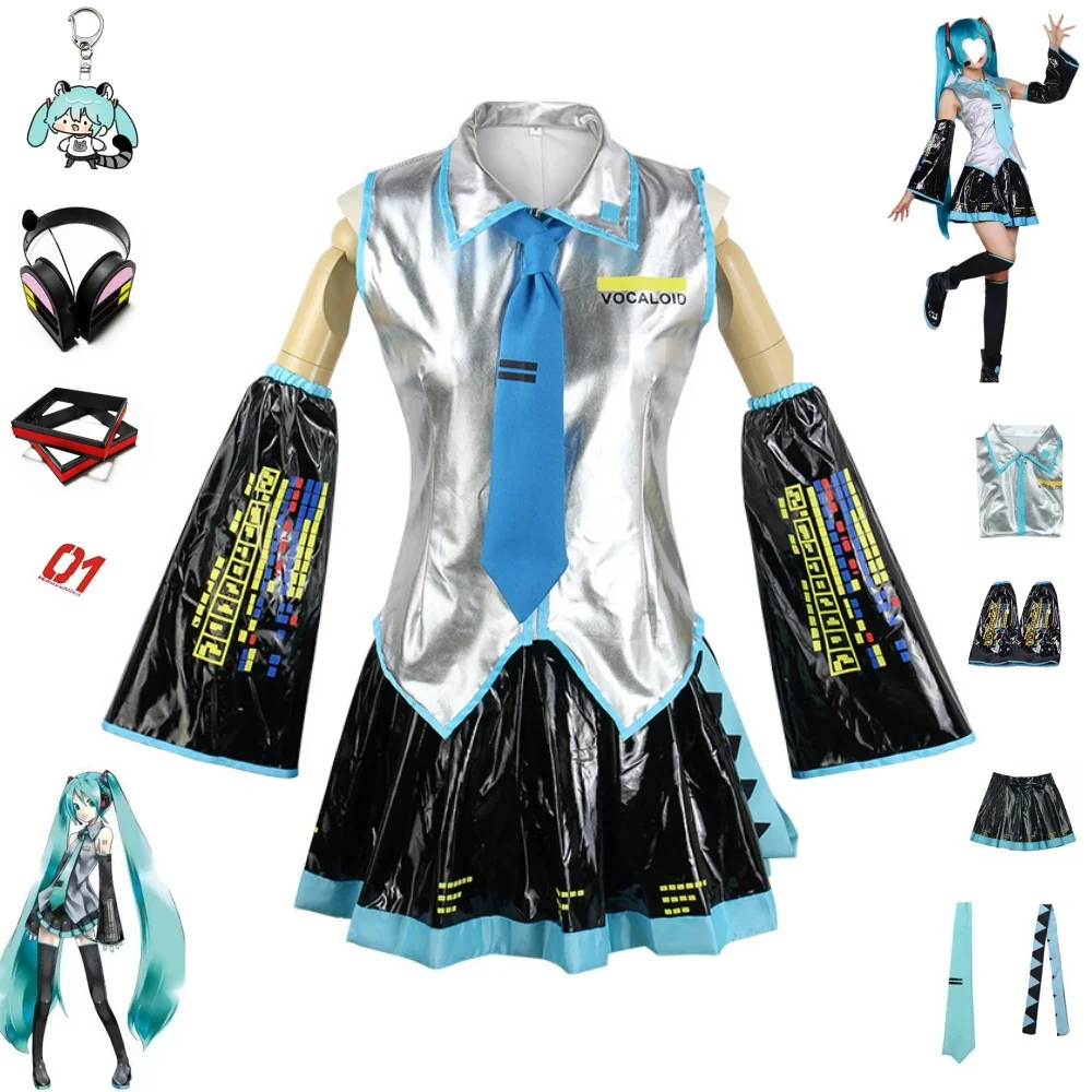 

Miku Cosplay Full Set Silver Leather Fabric Suit Miku Cosplay Headwear Costume Outfit JK Sailor Dress High School Uniform Hallow