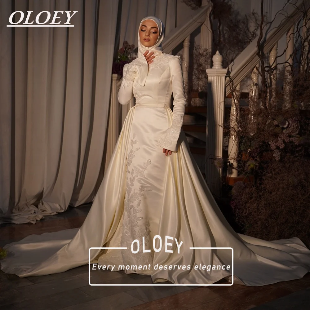 OLOEY Bescheidenes muslimisches Meerjungfrau-Hochzeitskleid mit Hijab, abnehmbarer Schleppe, weicher Satin, Applikationen, Brautkleid, individuell gestaltet فستان بيكو