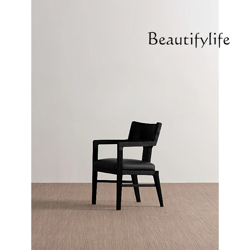 

Medieval designer home restaurant solid wood backrest armrest dining chair model room cafe reception black leather