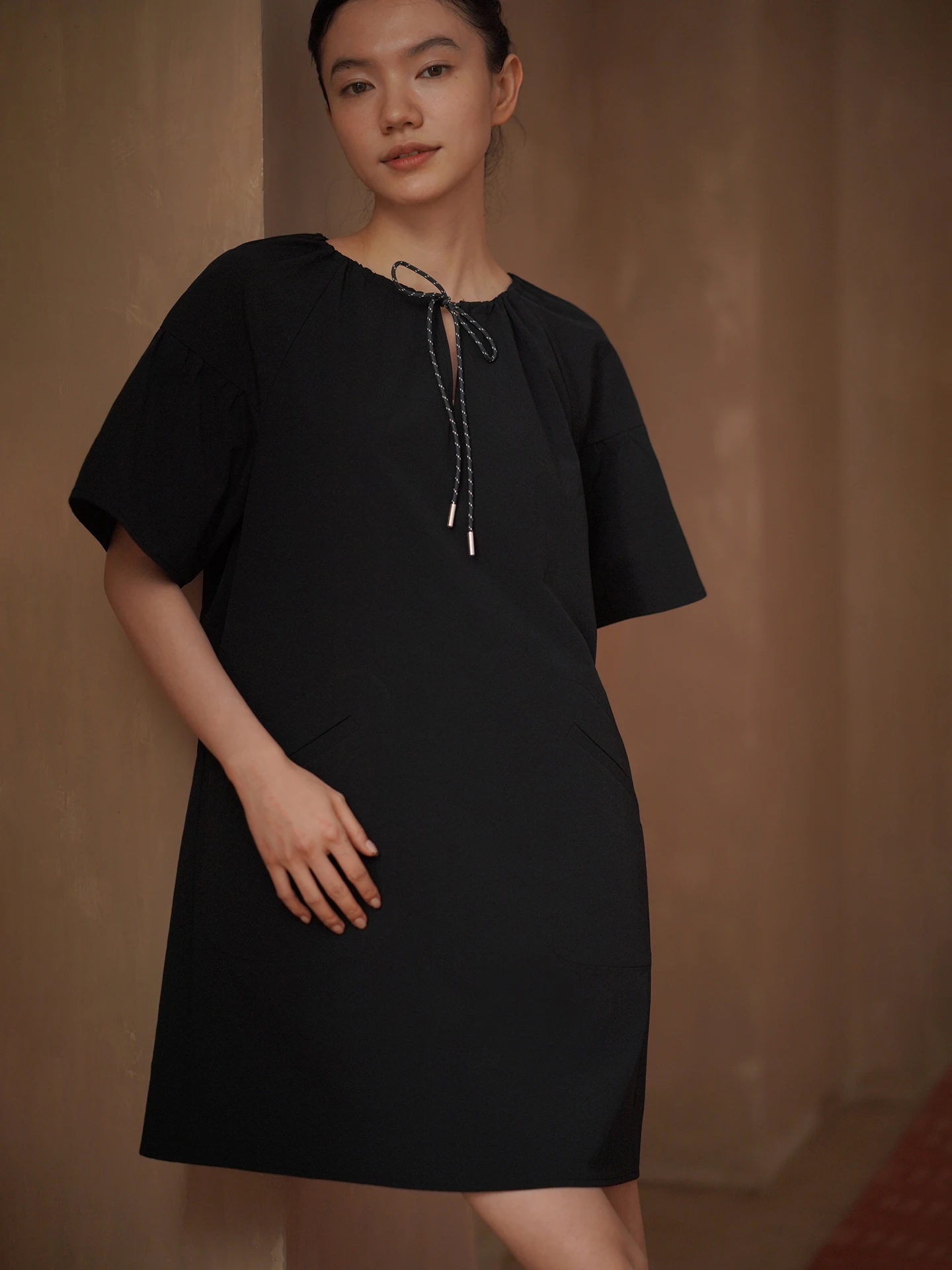 Hacikis Miss A-Line Short Dress Color Block Knit Collar Loose Fit Summer Casual Polyester Women's Dress for Various Occasions