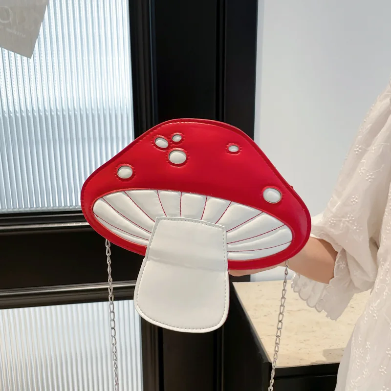 

Funny Cute Cartoon Mushroom PU Leather Messenger Bag Trendy Chain Shoulder Bag Summer Personality Design